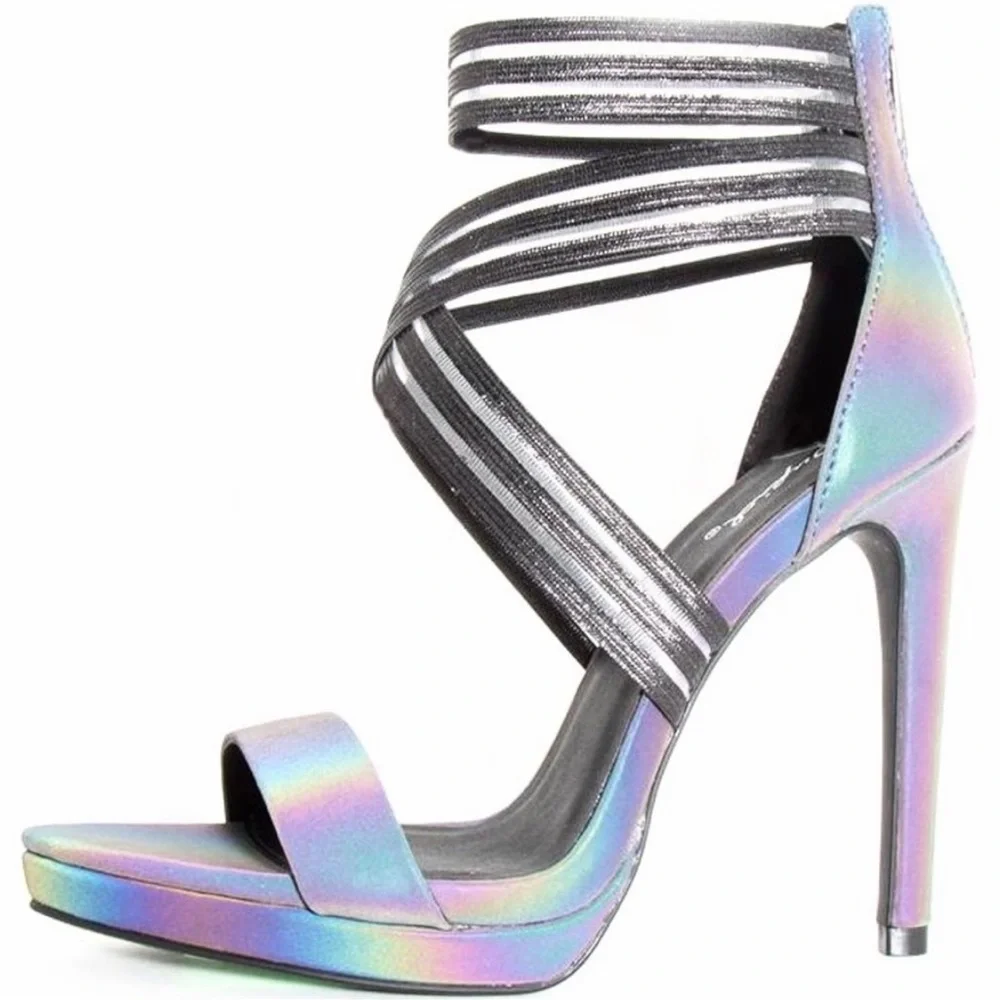 Dark Grey Reflective Vegan Leather Ankle Strap High Heel Sandals